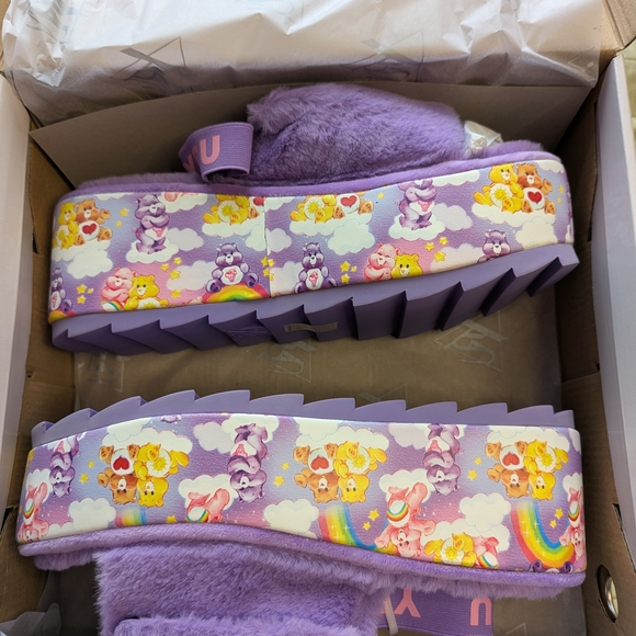 YRU Purple Fuzzy Sandals Qozii Slide Care Bears, Size 10, NWT - Picture 2 of 9